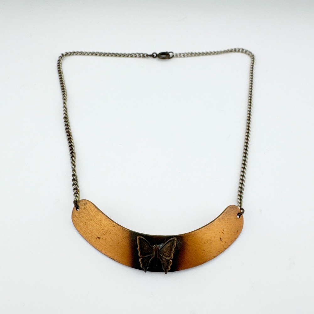 Vintage Y2K Copper Tone Butterfly Necklace Etched Metal Pendant on Chain
